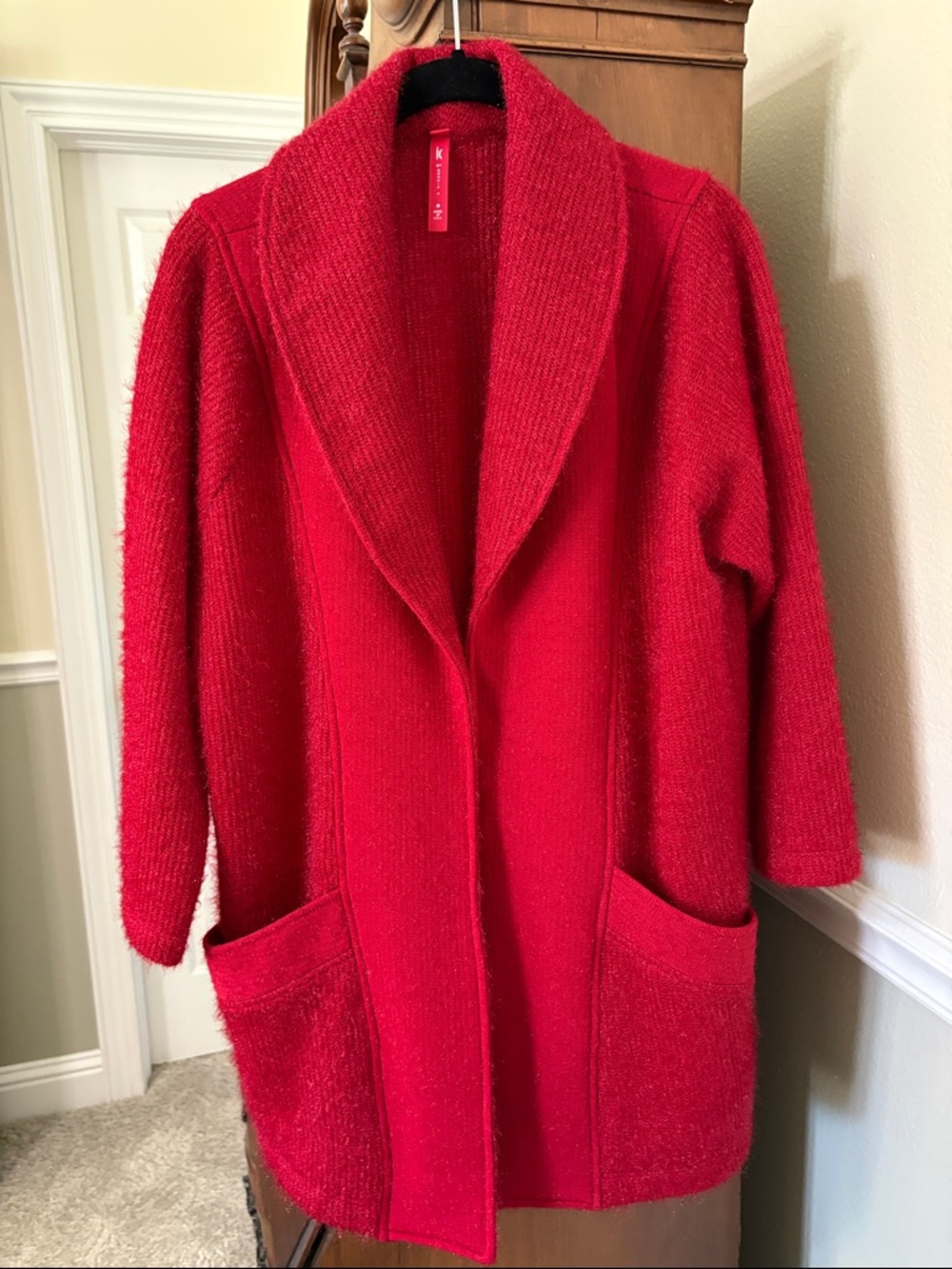 *Cozy Red Silver Shimmer Fuzzy Shawl-Collar Long Sleeve Sweater Cardigan
